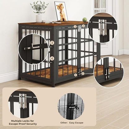 32 Inch Heavy Duty Wooden Dog Kennel End Table with Double Door Design and Secure Locks, Indoor Pet Crate Furniture for Medium Dogs, Decorative Home Cage Design,Aged Black