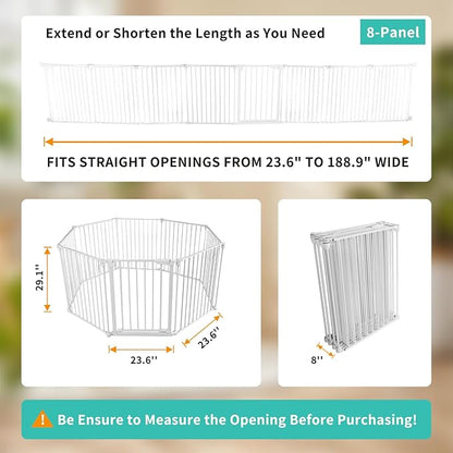 Extra Wide Baby Gate, 30" Tall 189" Wide Configurable Baby Gate Fireplace Safety Fence, Metal Pet Safety Playpen for Toddler/Pet/Dog Christmas Tree Fence (Whtie, 8-Panel)