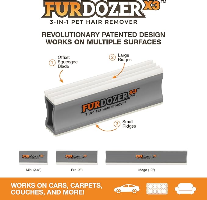 FurDozer X6 & X3 Bundle - Pet Hair Removal Tool & Car Detailing Dog Hair Remover for Carpet, Car, Couch, Bedding, & Furniture - Reusable Pet Fur Remover & Carpet Scraper for Animal Fur & Lint, Grey