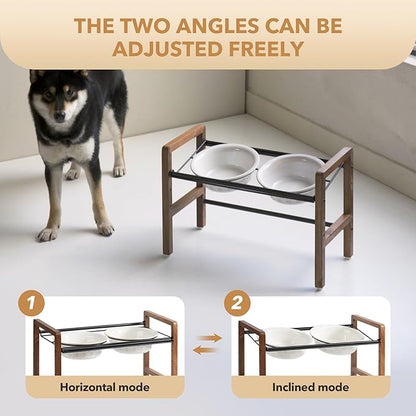 7.1inch Ceramic Adjustable Raised Double Bowls Set with Stand, 3 Heights Elevated, 2 Placement Options,Food and Water Bowls for Medium and Large Dog(Reactived Glaze -White)