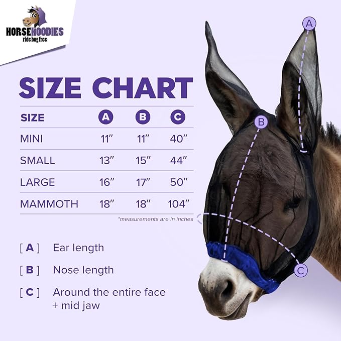 Donkey Fly Mask with Long Ears (Blue) Made in USA - Mule Fly Mask with Ears Protection from Insects and Bugs, Small Donkey Soft Mesh Fabric with Adjustable Fastener, Face Cover Supplies for Donkeys
