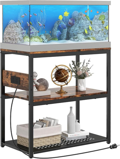 20-29 Gallon Fish Tank Stand With Power Outlets, 3-Tier Metal Aquarium Stands, Breeder Reptile Tank Stand with Shelf for Home Office, 660LBS Capacity, 29.5 x 15.8 x 30.1 inches, Brown