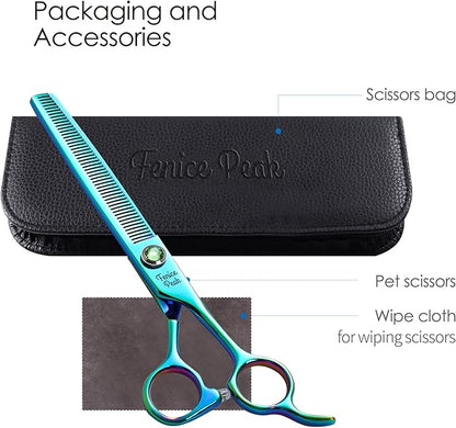 Fenice Peak 7'' Green Thinning Dog Grooming Scissors Pet Shears with Ergonomic Offest Handle and Simulated Emerald Screw 440C Grooming Scissors Trimming Shears Durable and Sharp