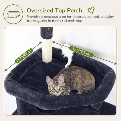 Globlazer Large Cat Tree Tower, Tall Cat Tree Condos for Indoor Cats Large Adult Cat Climbing Tower with 2 Spacious Caves, Oversized Top Perch, Big Hanging Basket, Cat Teaser Wand, F74B, Dark Grey