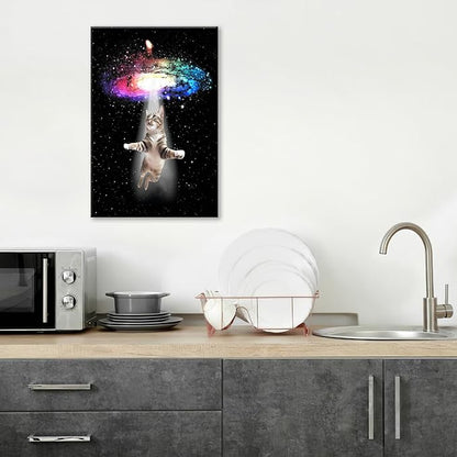 Funny Cat Wall Art Canvas Galaxy Wall Decor Prints Framed Painting Animal Pictures Gifts Artwork for Bathroom Living Dining Kitchen 16"x24"