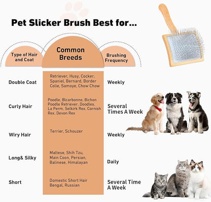 Dog Slicker Brush for Shedding and Grooming Medium or Long Haired Cats, Extra Long & Soft Pin Slicker Brush for Removes Loose Hair, Tangles, Knots, Undercoat, Free Pet Comb, Large, Oak