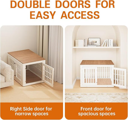 42" Heavy Duty Dog Crate Furniture for Small,Medium and Large Dogs,Rustic Wooden Dog Cage Kennel Indoor Furniture with Waterproof Top,Decorative Pet House Side End Table (White & Wood)