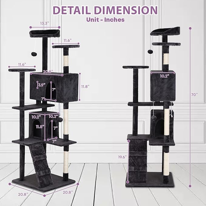 70 inches Cat Tower for Indoor Cats Multi-Level Cat Condos for XL Cat Tree Cat Climbing Tower with Scratching Posts, Hanging Toys,Dark Gray