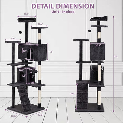 70 inches Cat Tower for Indoor Cats Multi-Level Cat Condos for XL Cat Tree Cat Climbing Tower with Scratching Posts, Hanging Toys,Dark Gray