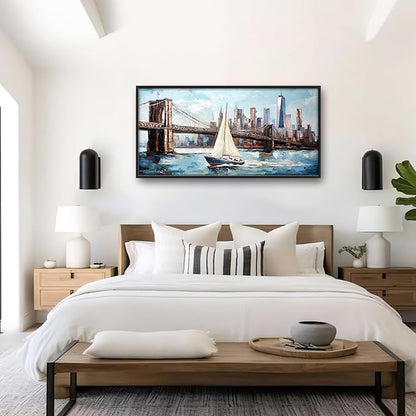 Extra Large Sailboat Framed Wall Art for Living Room,Oversized New York Brooklyn Bridge Pictures Wall Decor,Cityscape Canvas Print Painting Modern Artwork Bedroom Office Bathroom 60L" x 30W"