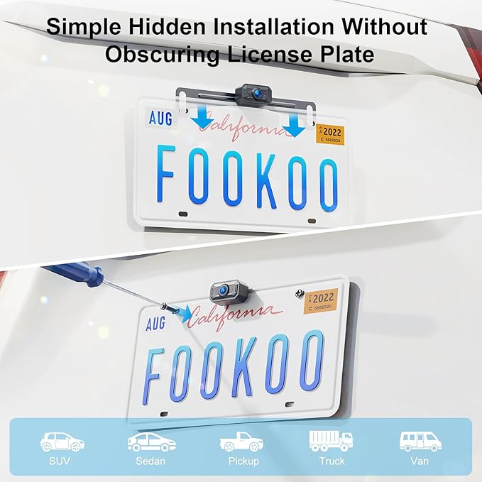 Fookoo HD 1080P 5-inch Wireless Backup Camera, 5" Split Screen Monitor Rear View Licence Plate Camera, DIY Guide Lines Wide Angle IP69 Waterproof Easy to Install for Car Pickup Van SUV - DW5CT