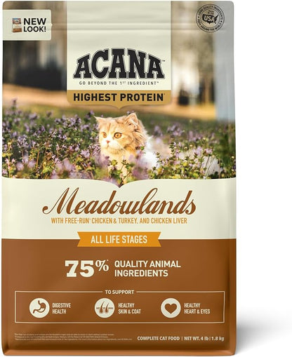 ACANA Highest Protein Meadowlands Grain-Free Dry Cat Food, Free-Run Chicken and Turkey and Chicken Liver Cat Food Recipe, 4lb