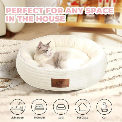 20in Cream Round Cat Dog Bed Gift for Large Medium Small Dogs Cats, Machine Washable Sleeping Sofa, Non-Slip Bottom Breathable Soft Calming Pet Cuddler for Indoor/Outdoor/Car/Cage