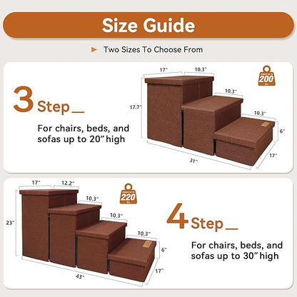 Dog Stairs with Storage 18" H, 3-Step Wider Dog Steps for Small/Medium/Large Old Dogs Cats, Folding Sturdy Pet Stairs Climbing Bed Couch, Ramp for Car Hold Up to 200 lbs (Brown, No Condo)