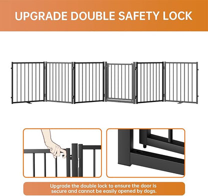 Full Metal Freestanding Dog Gate with Door, 24'' Height Foldable Pet Dog Fence for Indoor & Outdoor, 6 Panels Extra Wide Free Standing SmallDog Gates for Doorways,House,Stairs,Porch,Deck,Yard