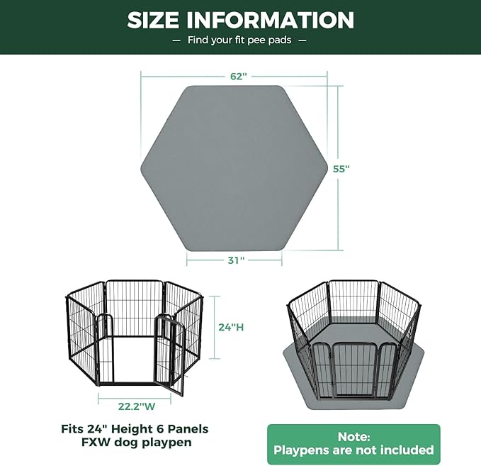 FXW Washable Pee Pads for Dogs, Puppy Pads with Super Absorbent, Specifically Designed for FXW Rollick/Homeplus 32inch 6 Panels Dog Playpen, 35" Hexagon, Gray, 1 Pack