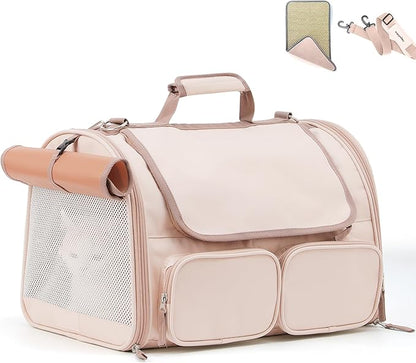 FUKUMARU Cat Carrier, 4 Mesh Windows Small Dog Carrier, 4 Storage Pockets Cat Travel Bag, Under 15 lb Airline Approved Pet Carrier, Rollable Cover for Nervous Cats, Pink