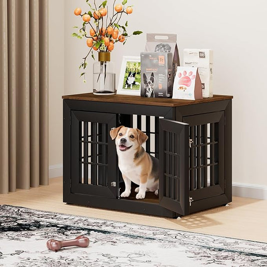 32" Heavy Duty Dog Crate Furniture for Small,Medium and Large Dogs,Rustic Wooden Dog Cage Kennel Indoor Furniture with Waterproof Top,Decorative Pet House Side End Table (Black & Wood)