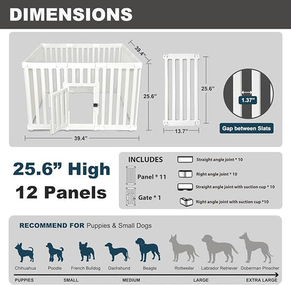 Dog Playpen with Door, 12 Panels Puppy Playpen, 25.6” H Dog Pen for Small Cats and Dogs, Pet Fence for Indoor & Outdoor, Non-Slip Pet Gate Made of Strong Plastic, White