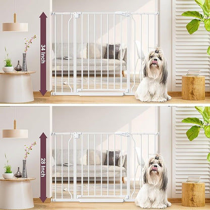 34" Extra Tall Baby Gate for Stairs, Auto Close Stroller Friendly Dog Gate Indoor for Doorways, Pressure Mounted 29"-45" W Baby Gate, Easy Walk Through Gate for Children & Pets, White
