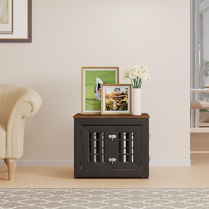 26" Heavy Duty Dog Crate Furniture for Small,Medium and Large Dogs,Rustic Wooden Dog Cage Kennel Indoor Furniture with Waterproof Top,Decorative Pet House Side End Table (Black & Wood)