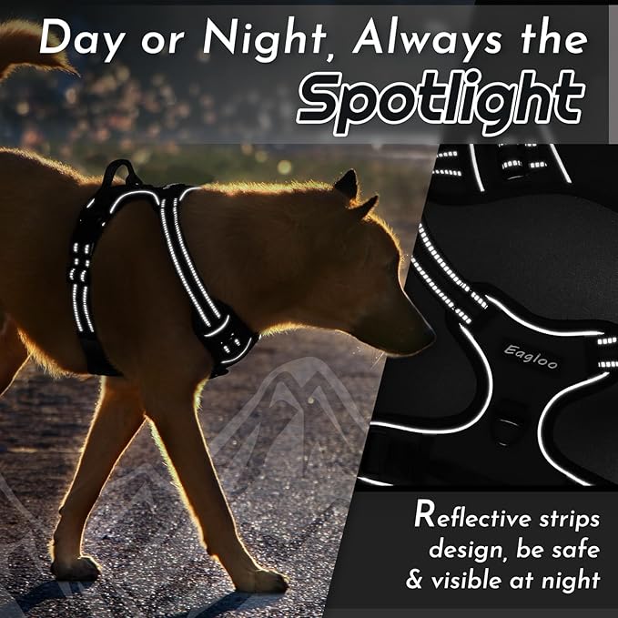 Eagloo Dog Harness for Large Dogs, No Pull Service Vest with Reflective Strips and Control Handle, Adjustable and Comfortable for Walking, No Choke Pet Harness with 2 Metal Rings, Black, L