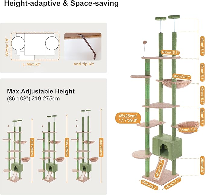Floor to Ceiling Cat Tree Tall Cat Tower with Adjustable Height (81.8-108 Inches) with Fully Scratching Post Private Condo and Hammock for Indoor Cats (Green, Triple Dule Posts)