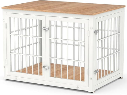 38 Inch Heavy Duty Dog Crate Furniture for Large and Medium Dogs, Decorative Pet House End Table, Wooden Cage Kennel Furniture Indoor, Natural and White