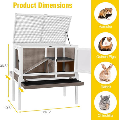 AIVITUVIN Wooden Guinea Pig Cage Indoor with Cooling Plate and Anti-Chewing Edges Two-Story Rabbit Hutch Pull Out Tray Outdoor Rabbit Cage with Raised Stand and Wire Mesh Small Animals Cage (Brown