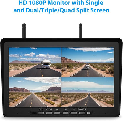 10.1" RV Backup Camera Wireless System Plug and Play, Pre-Wired for Furrion RV Trailer Camper Motorhome, HD 1080P Split-Screen DVR Monitor with 1 Rear View & 2 Side View Cameras, BY503