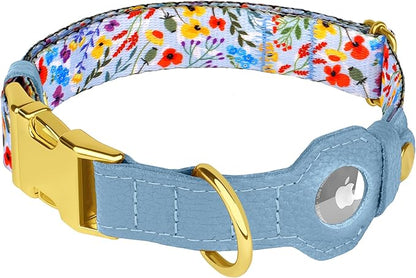 AirTag Dog Collar for Small Medium Large Breed - Adjustable Cute Pattern Dog Collar with Airtag Holder - Soft Leather Tracker GPS Apple Air Tag Pet Collars (Medium, 14"-18" Neck Fit, Floral)
