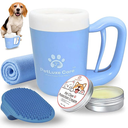 Dog Paw Cleaner for Small & Medium Dogs – Portable Paw Washer Cup with Soft Silicone Brush, Towel & Moisturizing Balm – Gently Cleans Muddy Paws After Walks (Blue, Medium)