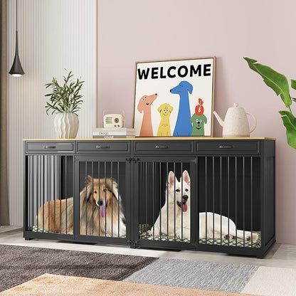 Extra Large Dog Crate with Double Rooms, 93" Heavy Duty Wooden Dog Cage Furniture Dog Crate Kennel w/Drawers & Removable Divider,Indoor Luxury Dog House for Large Dogs,Black