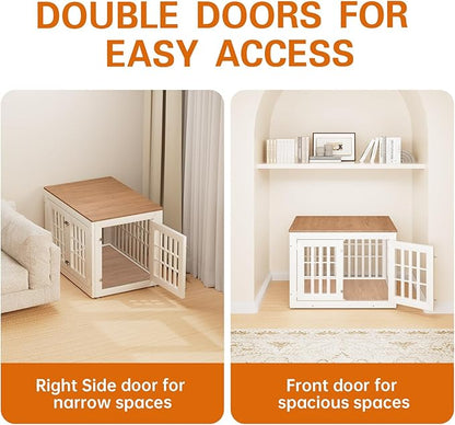 38" Heavy Duty Dog Crate Furniture for Small,Medium and Large Dogs,Rustic Wooden Dog Cage Kennel Indoor Furniture with Waterproof Top,Decorative Pet House Side End Table (White & Wood)