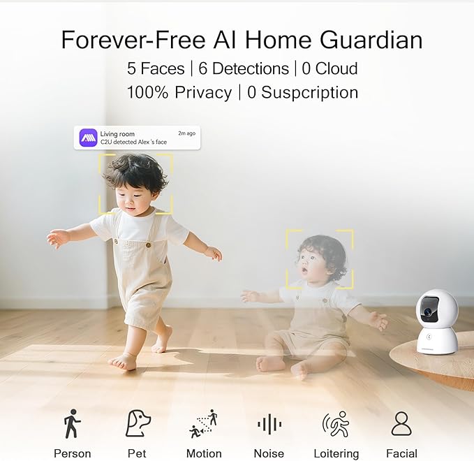 3K Pet/Dog Camera Indoor w/Phone App, No Monthly Fee 64GB Local Storage & AI Tracking Face ID, 2.4/5GHz WiFi Cameras for Home Security Baby Monitor, Pan/Tilt, 2-Way Talk