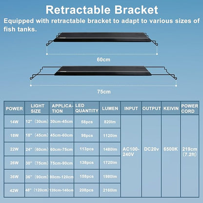 24/7 LED Aquarium Light, IP68 Waterproof Extendable Bracket Fish Tank Light with Timer, 7 Colors, 10 Level Adjustable Brightness, DIY Mode Full Spectrum Aquarium Plant Light for 24-30 Inch Fish Tank