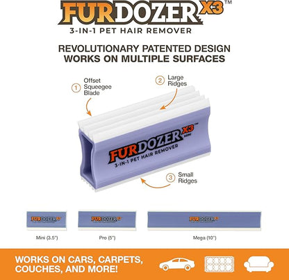 FurDozer X3 MINI Pet Hair Remover & Auto Detailing Tool - Cat & Dog Hair Remover for Carpet, Car Interior, Couch, Bedding, & Furniture - Reusable Pet Hair Removal Tool for Dog Fur & Lint, 3.5", Purple
