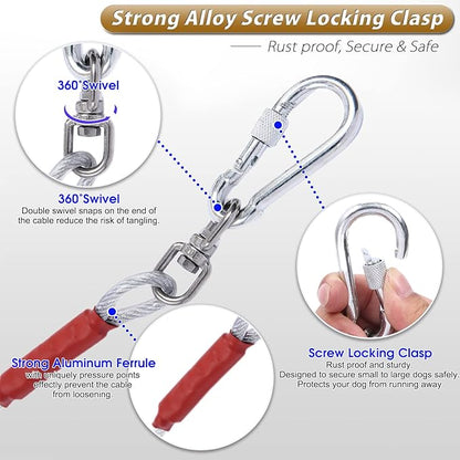 Dog Tie Out Cable for Dogs Outside Up to 125/250lbs,10/20/30/50FT Long Dog Leashes&Chains,Small-Large Dogs Runner Cable for Yard,Heavy Duty Lead Line for Outdoor,Camping,Yard(250lbs 20FT, Silver)