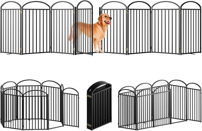 8 Panles Full Matel Freestanding Dog Gates with Door, 192"Extra Wide 36"Tall Free Standing Dog Pet Gate for Indoor & Outdoor. Foldable Pet Fences for Doorways, House, Stairs, Porch, Deck, Yard