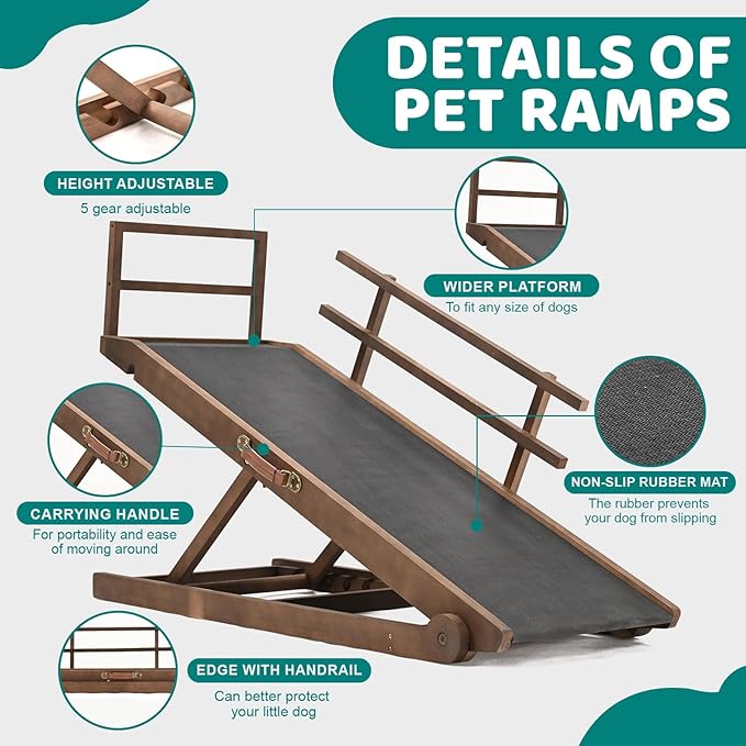 Dog Ramp for Bed, Adjustable Pet Ramps for Dog to Get on Bed, Non-Slip Rubber Surface - Folding Wooden Dog Ramp for Small/Large/Old Dogs, Adjustable up to 23.5 inch High Beds, Safety Railings