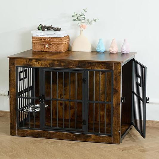 Gardner Pet Dog Crate Furniture for Medium Dogs, 38.8 Inch Dog Kennel Indoor, Wooden Dog Cage End Table with 2 Removable Bowls, Heavy Duty Dog Crate, Rustic Brown