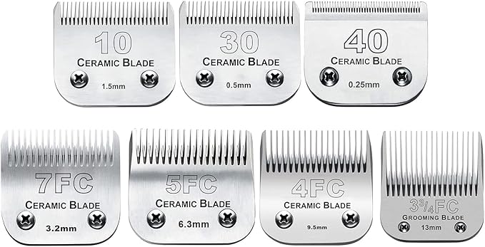7Pack 10 Blades Dog Grooming Replacement Blades Compatible with Andis Pet Clipper/Oster A5/Wahl KM Series Dog Clipper,Ceramic Blade & Stainless Steel Blade (#10+30+40+3FC+4FC+5FC+7FC)