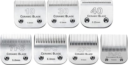 7Pack 10 Blades Dog Grooming Replacement Blades Compatible with Andis Pet Clipper/Oster A5/Wahl KM Series Dog Clipper,Ceramic Blade & Stainless Steel Blade (#10+30+40+3FC+4FC+5FC+7FC)