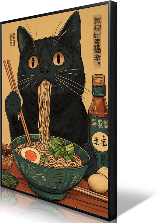 Japanese Cat Canvas Wall Art Funny Black Cat Posters Vintage Cute Cat Eating Ramen Noodles Print Kawaii Animal Food Kitchen Art Painting For Dining Living Room Bedroom Decor 12x16in Black Framed