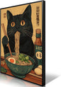 Japanese Cat Canvas Wall Art Funny Black Cat Posters Vintage Cute Cat Eating Ramen Noodles Print Kawaii Animal Food Kitchen Art Painting For Dining Living Room Bedroom Decor 12x16in Black Framed