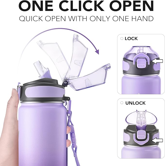 Enerbone 24 oz Insulated Water Bottle, Stainless Steel Bottle with Carrying Strap, Double-Wall Vacuum Insulation Design, Leakproof Sports Bottle with Straw, Keep Drinks Cold or Hot for Hours