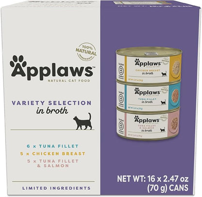 Applaws Natural Wet Canned Cat Food, Made with Limited and Natural Ingredients, Real Protein with No Artificial Additives, Variety Pack in Broth (16 x 2.47oz Cans)
