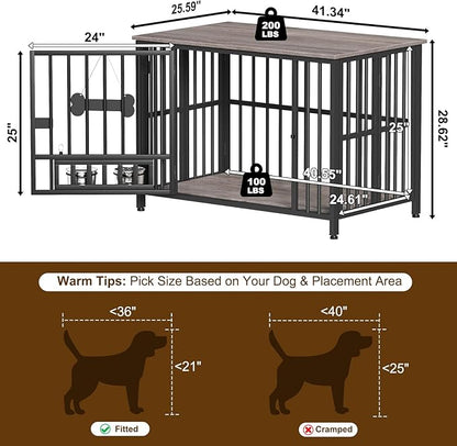 Easycom 41" Dog Crate Furniture Foldable, No Assembly Decorative Dog Kennel Indoor, Dog Crates for Large Dogs (40-65 lbs), Wooden Dog Cage with Adjustable Bowls and Name Tag, End Table, Oak Grey