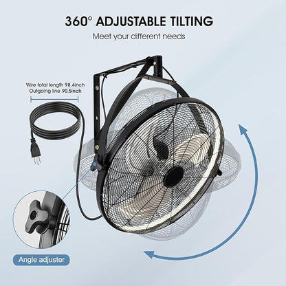 20 inch Wall Mount Fan with Lights and Remote,6-Speed Gazebo Ceiling Fan Adjustable Tilt Dimmable Wall Fan,High Velocity Industrial Outdoor Fans for Patio,Garage,Commercial,Black