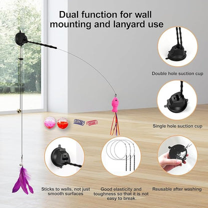 22Pcs 5-in-1 Cat Toys Interactive Cat Toy for Indoor Cats with Sticky Super Suction Cup Detachable Replacements Feathers Balls Mice Spring 3 Wand Hanging Door Kitten Toys